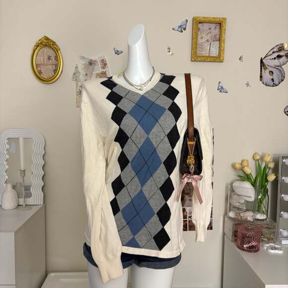 Perry Ellis Sweaters - Perry Ellis Cream Argyle V-Neck Long Sleeve Sweater Blue Grey Black Medium M